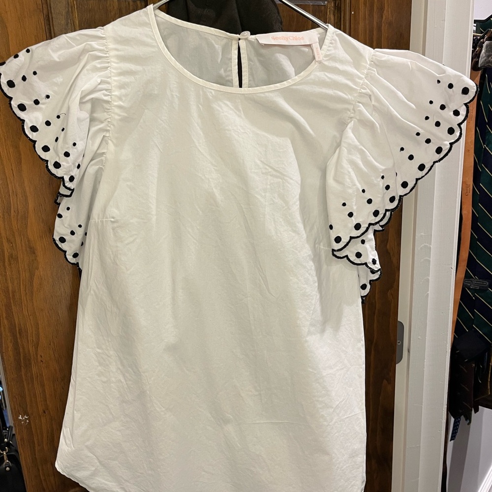 See by Chloe White Ruffle Sleeve Poplin Top Size 34/ XS/ 2. EUC